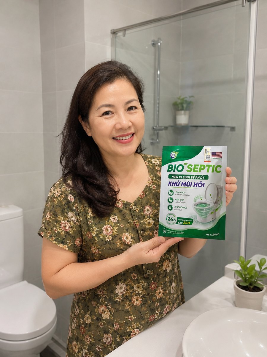 Khách hàng cầm gói BIO SEPTIC trong nhà vệ sinh